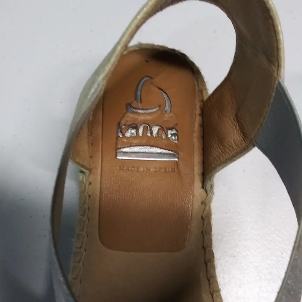 Kanna Silver Metallic Espadrille Sandals Vacation Boho Size 39
